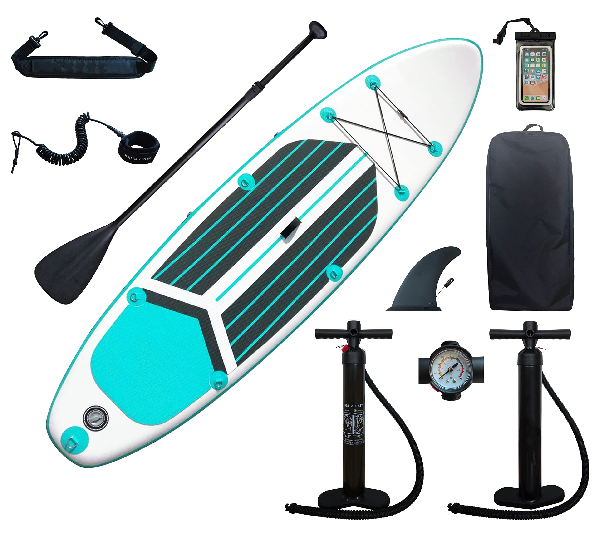 Aqua Plus 6inches Thick Inflatable SUP for All Skill Levels Stand Up Paddle Board,Paddle,Double Action Pump,ISUP Travel Backpack, Leash,Shoulder Strap,Youth,Adult Inflatable Paddle Board