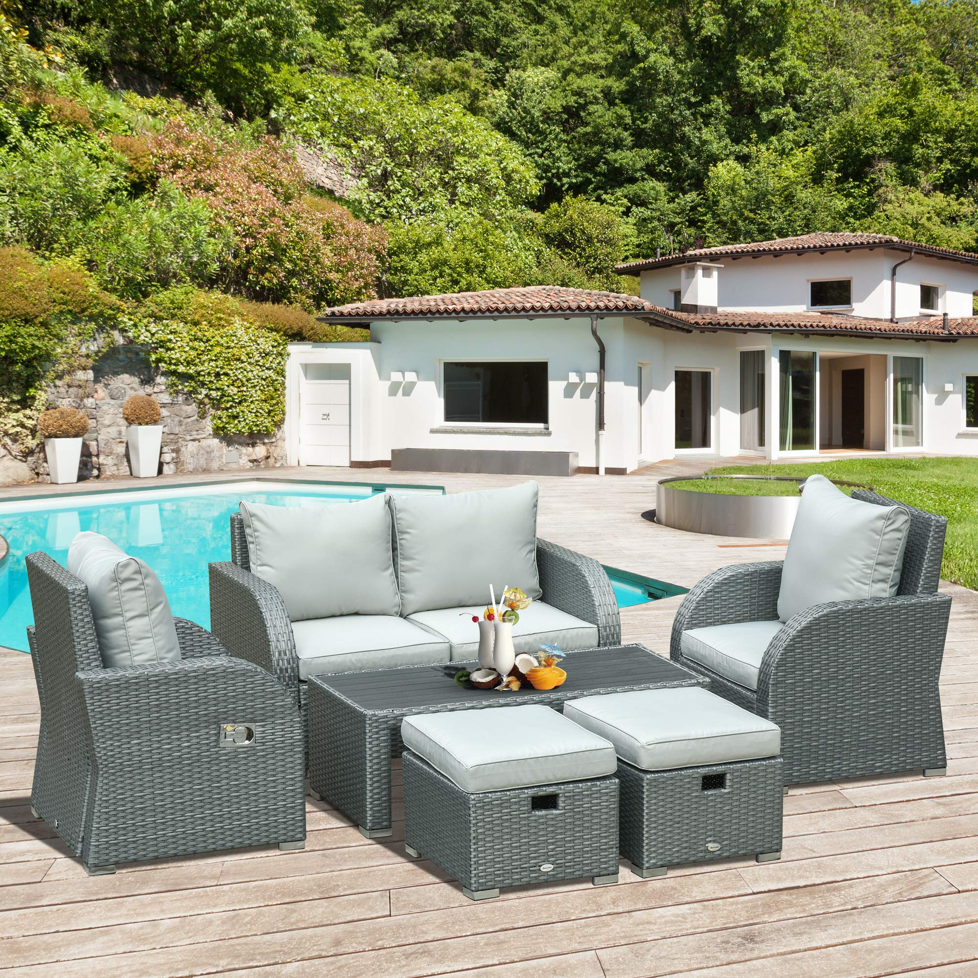 【Furniture】【BS】6-PCs Patio Furniture Set Outdoor Wicker Sofa Set with Tea Table Gas Spring & Soft Cushion