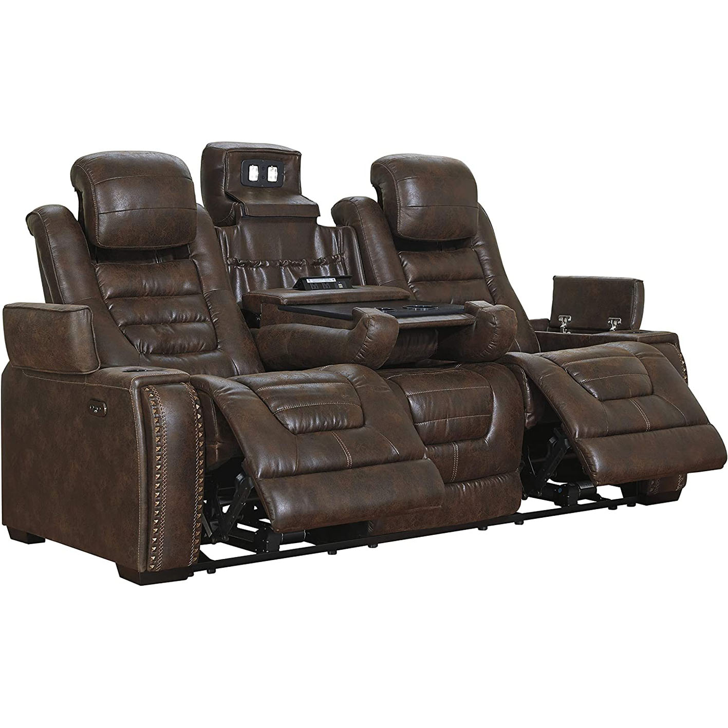 Signature Design by Ashley Game Zone Faux Leather Adjustable Power Reclining Sofa with Cup Holders and Storage