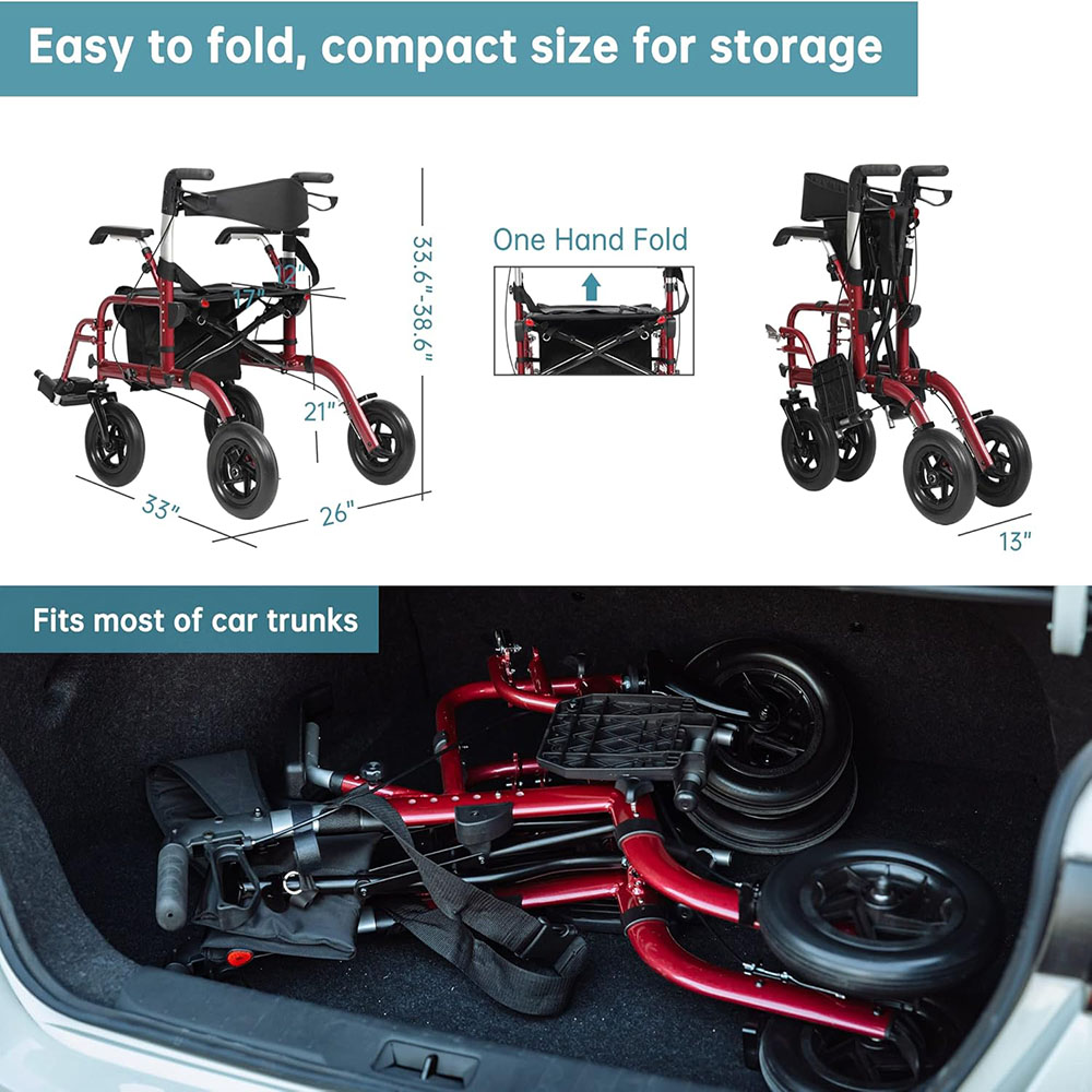 ELENKER All Terrain 2-in-1 Walker and Transport Chair, Foldable Wheelchair with 10-inch Wheels for Seniors