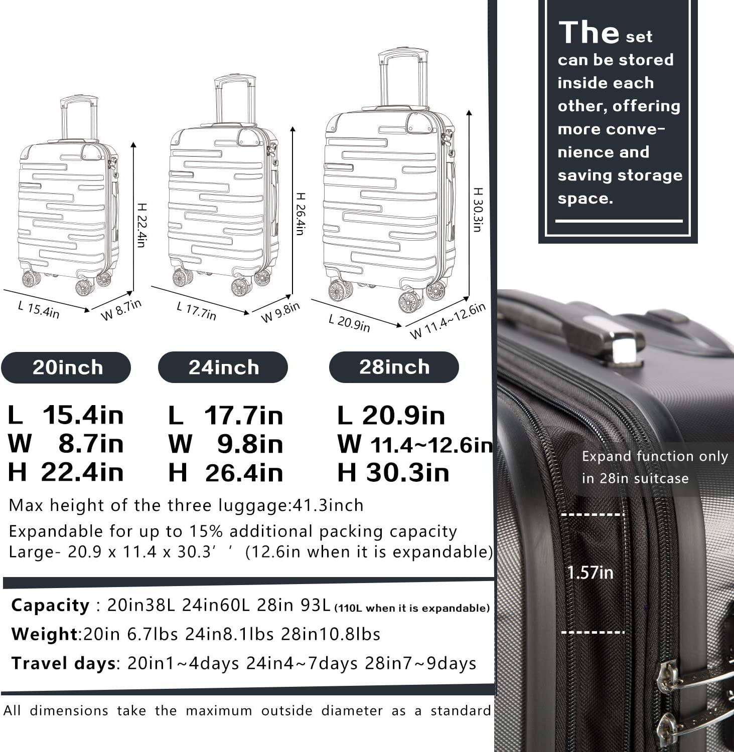 Coolife Luggage Expandable Suitcase 3 Piece Set with TSA Lock Spinner 20in24in28in