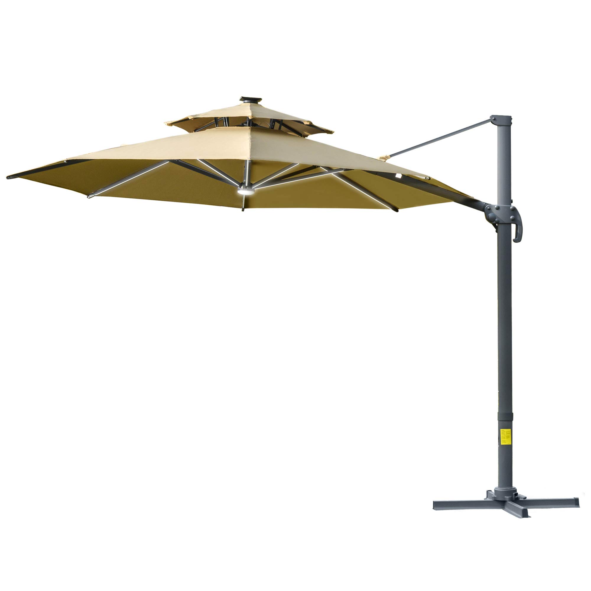 Outsunny 3(m) Cantilever Roma Parasol with LED Solar Lights, Crank & Tilt, Aluminium Frame, Cross Base and Adjustable Canopy 360° Rotating Sun Umbrella with 2-Tier Shade