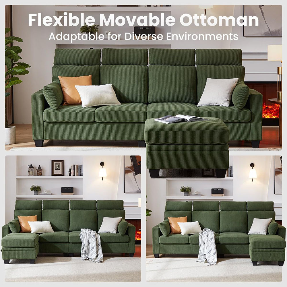 CHIC HOUSE Corduroy Sectional Couch with Ottoman Chaise, L Shaped 4-seat Sofa