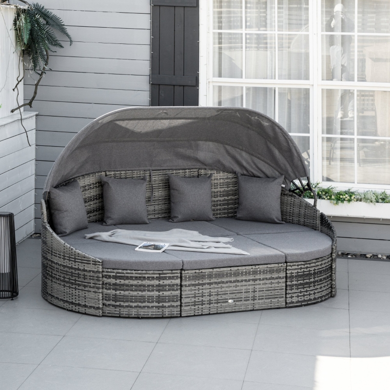 【Furniture】【BS】4 PC Patio Wicker Lounge Set, Outdoor Rattan Modular Garden Round Daybed Set