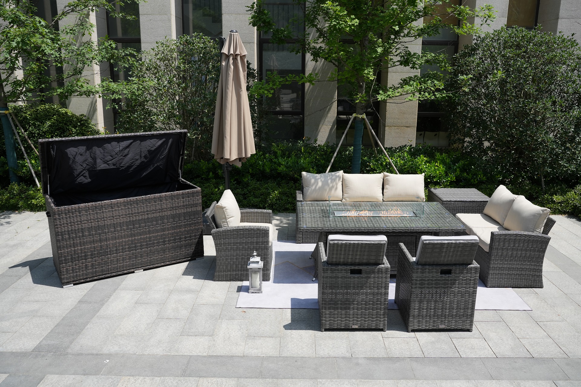 Wicker Patio Gray Wicker Conversational Seating Set with Rectangular Glass Fire Pit Table and Back Chair (Patio Set Option)